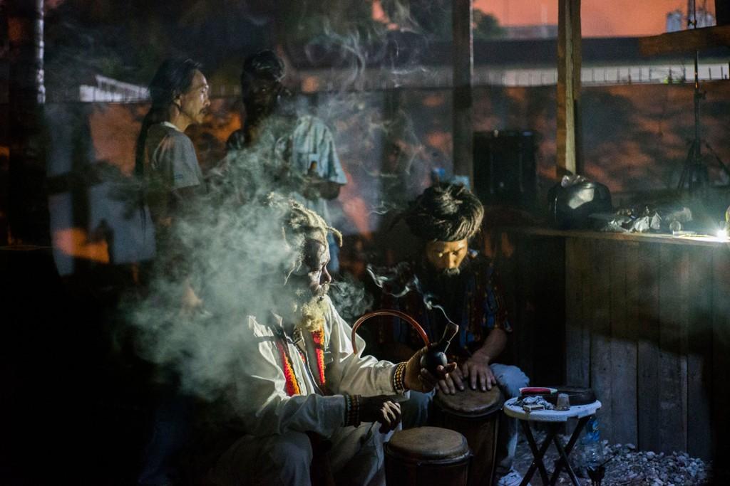 A photo of a Rastafari jam session in Kingston Jamaica