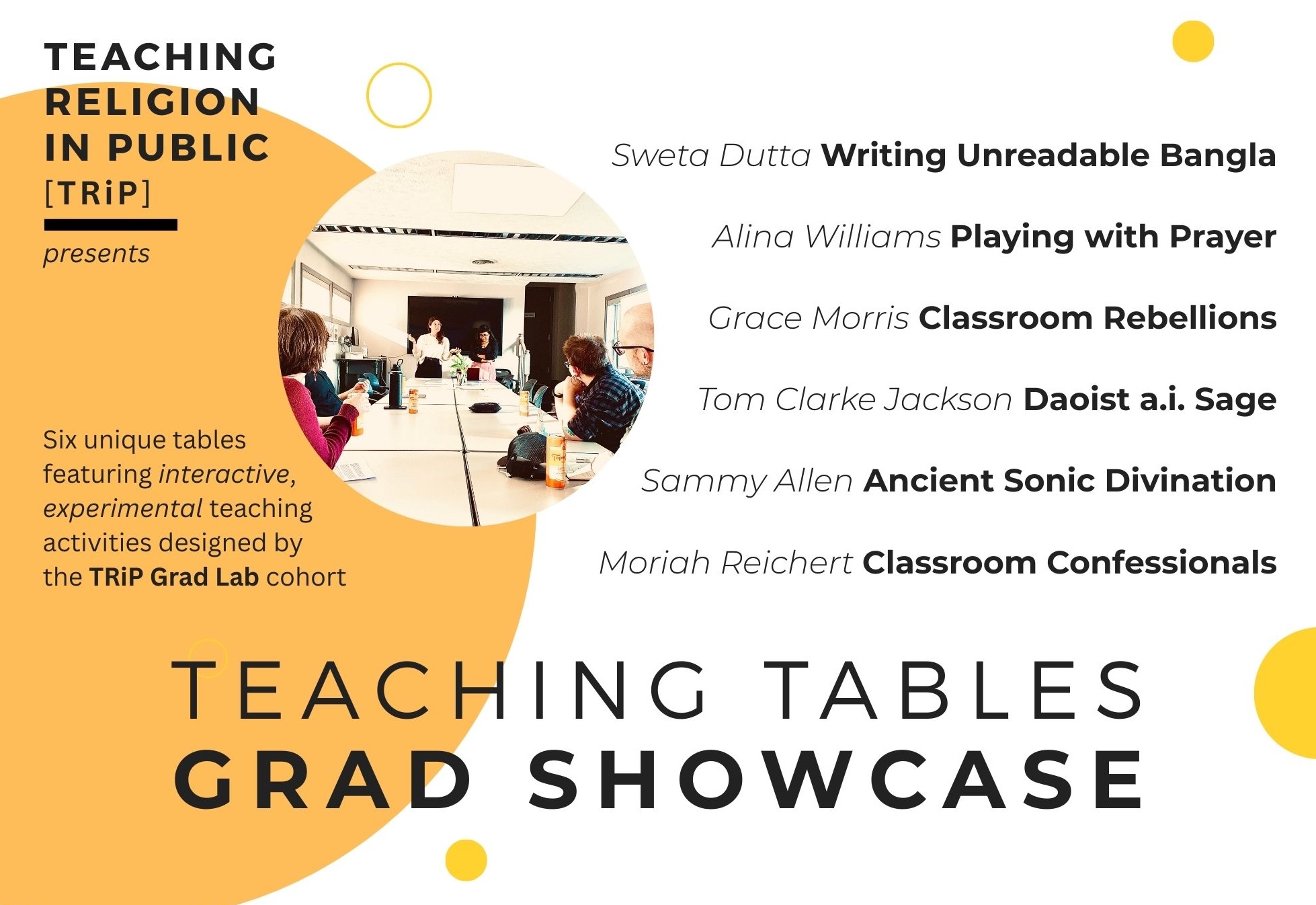 poster advertising Teaching Religion in Public grad lab showcase event