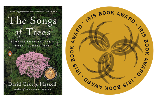 The Iris Book Award logo and The Songs of Trees book cover