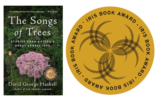 Cover of award-winning book shown beside Iris Book Award seal.